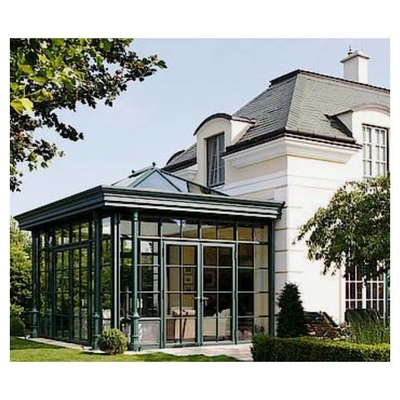 Four Seasons Sunroom Exterior With Sliding Double Door And Smooth Powder Coated Finish